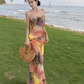 Simple New Painting Style Floral Design Elegant Beach Holiday Spaghetti Strap Dress, DP5949