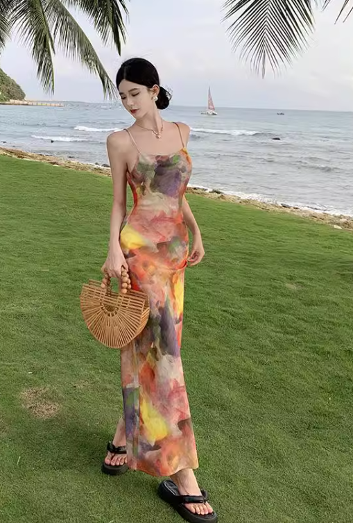 Simple New Painting Style Floral Design Elegant Beach Holiday Spaghetti Strap Dress, DP5949
