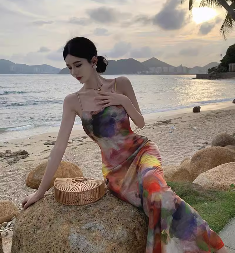 Simple New Painting Style Floral Design Elegant Beach Holiday Spaghetti Strap Dress, DP5949