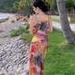 Simple New Painting Style Floral Design Elegant Beach Holiday Spaghetti Strap Dress, DP5949