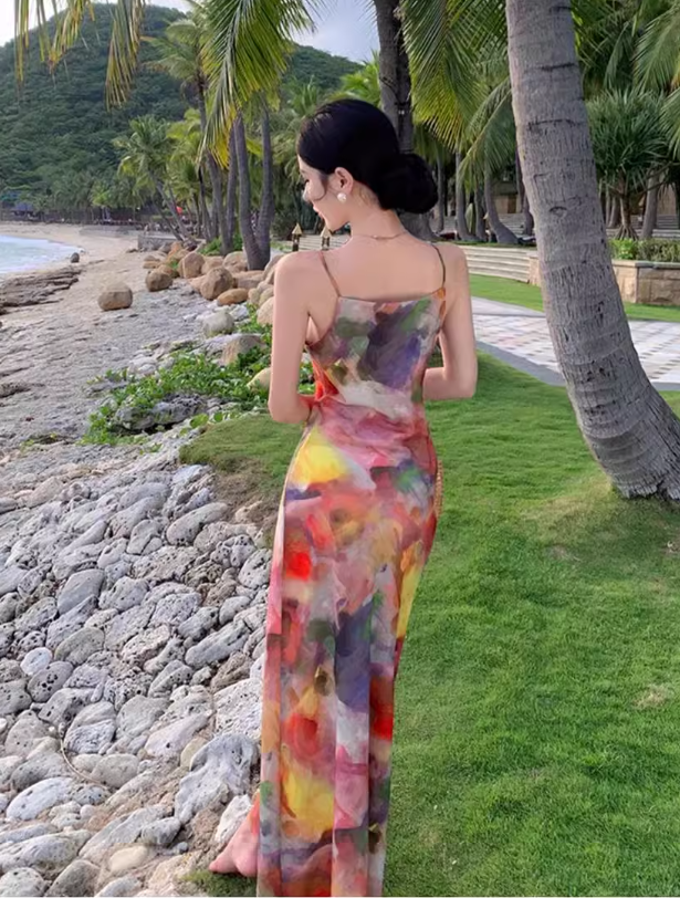 Simple New Painting Style Floral Design Elegant Beach Holiday Spaghetti Strap Dress, DP5949