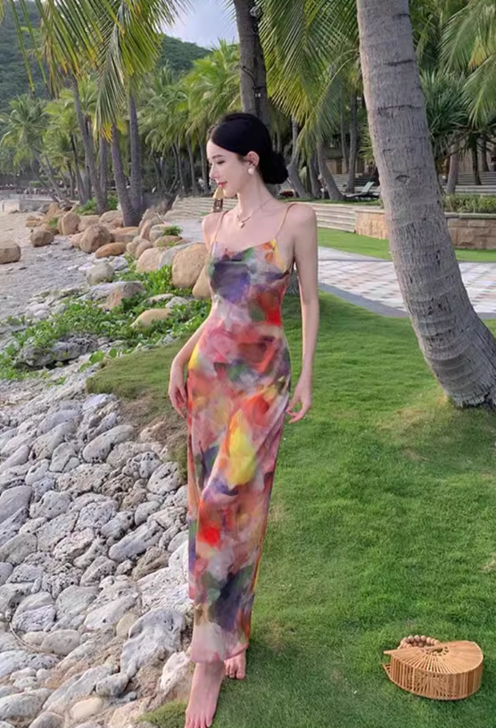 Simple New Painting Style Floral Design Elegant Beach Holiday Spaghetti Strap Dress, DP5949