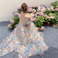 New Elegant Floral Design Puff Sleeves Princess Style Spaghetti Strap Dress, DP5950
