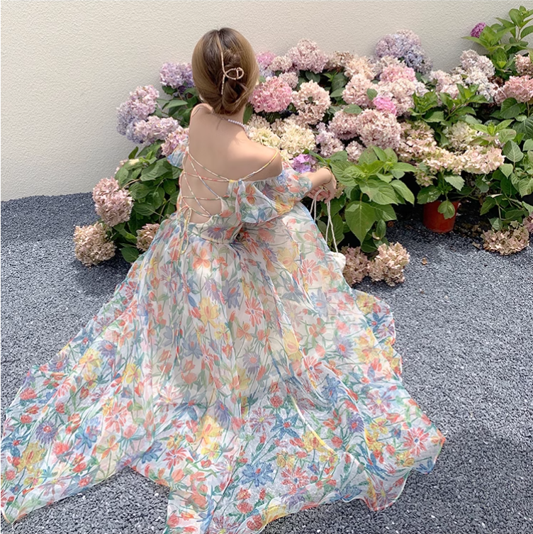 New Elegant Floral Design Puff Sleeves Princess Style Spaghetti Strap Dress, DP5950