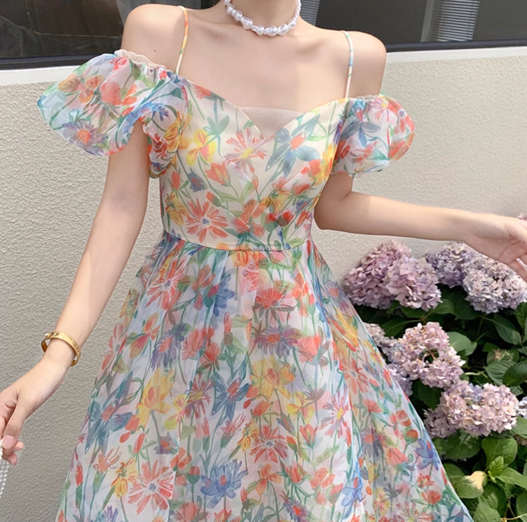 New Elegant Floral Design Puff Sleeves Princess Style Spaghetti Strap Dress, DP5950