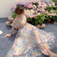New Elegant Floral Design Puff Sleeves Princess Style Spaghetti Strap Dress, DP5950