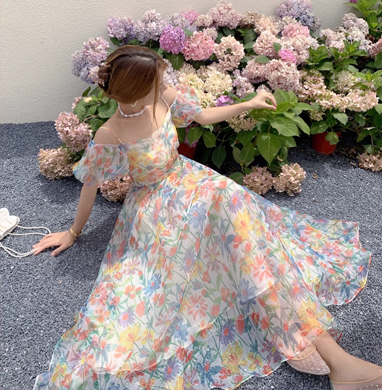 New Elegant Floral Design Puff Sleeves Princess Style Spaghetti Strap Dress, DP5950