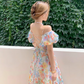 New Elegant Floral Design Puff Sleeves Princess Style Spaghetti Strap Dress, DP5950