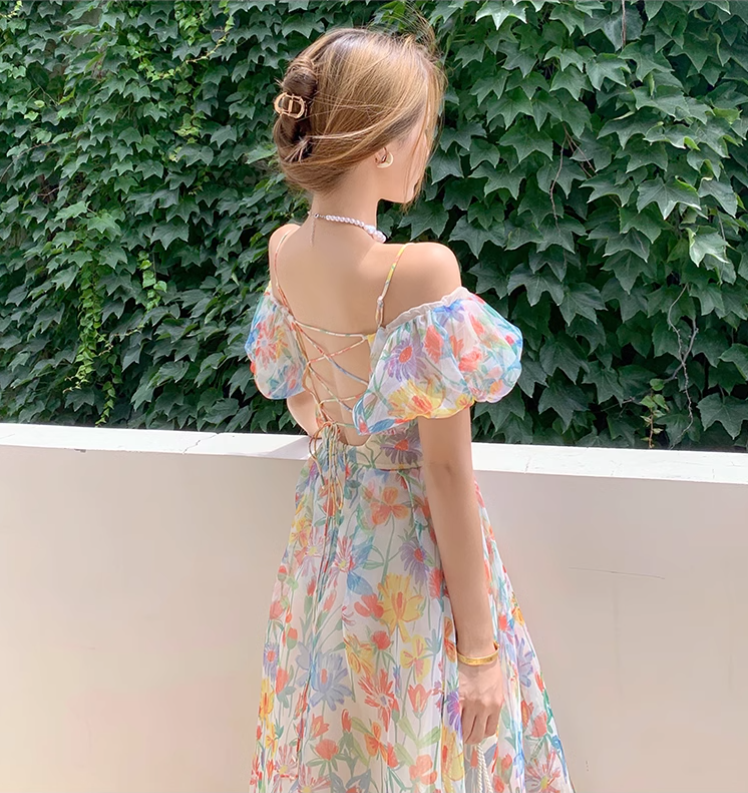 New Elegant Floral Design Puff Sleeves Princess Style Spaghetti Strap Dress, DP5950