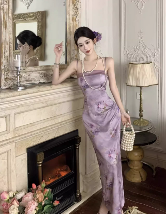 Vintage Lila Blumen Meerjungfrau Design Satin A-Linie Spaghettiträger Kleid, DP5934