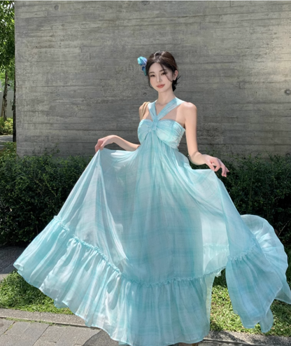 Simple Fashion Mint Green Ruffled Hem Design A-line Beach Holiday Halter Dress, DP5930