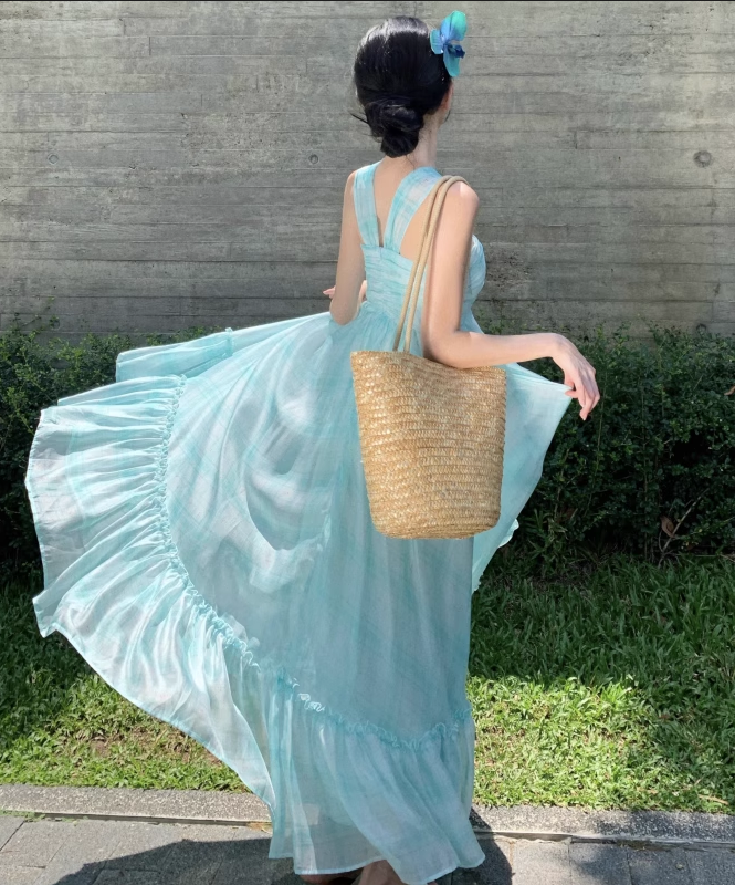 Simple Fashion Mint Green Ruffled Hem Design A-line Beach Holiday Halter Dress, DP5930