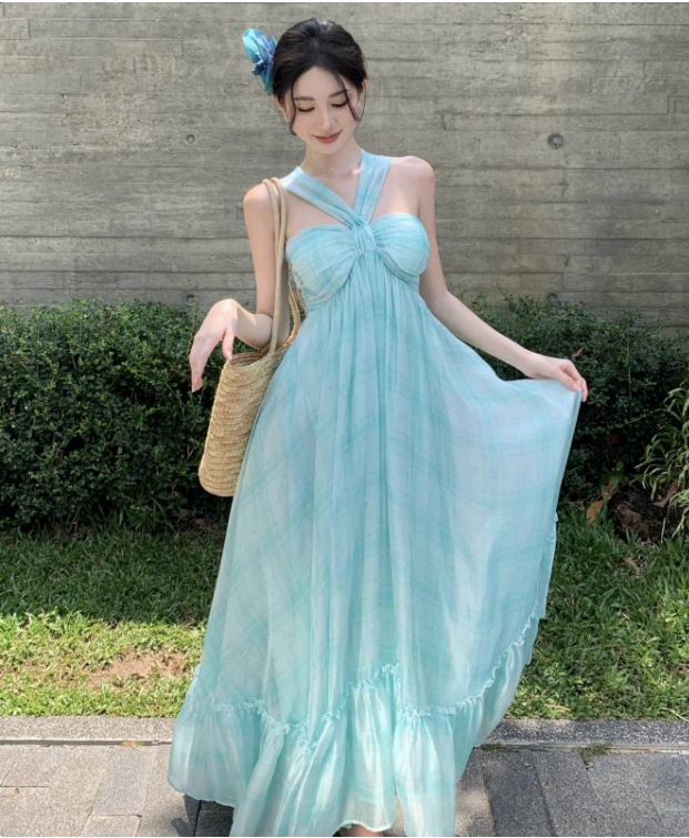Simple Fashion Mint Green Ruffled Hem Design A-line Beach Holiday Halter Dress, DP5930