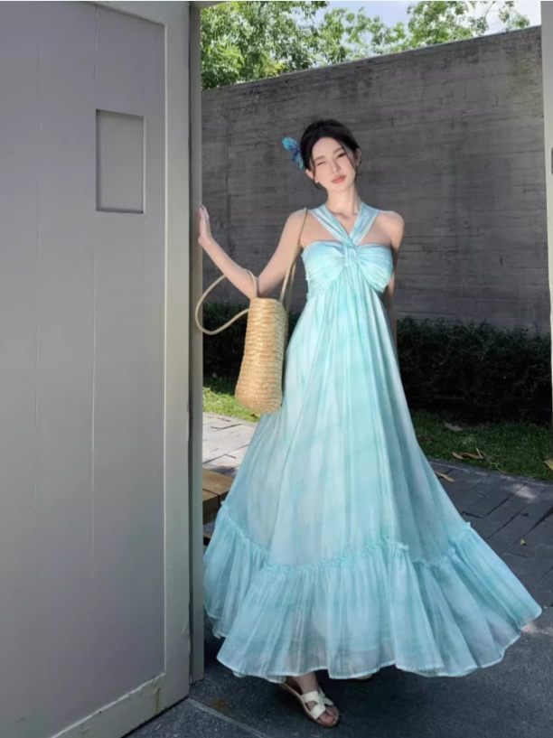 Simple Fashion Mint Green Ruffled Hem Design A-line Beach Holiday Halter Dress, DP5930
