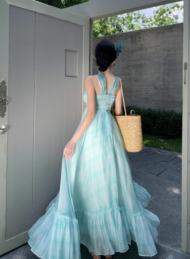 Simple Fashion Mint Green Ruffled Hem Design A-line Beach Holiday Halter Dress, DP5930