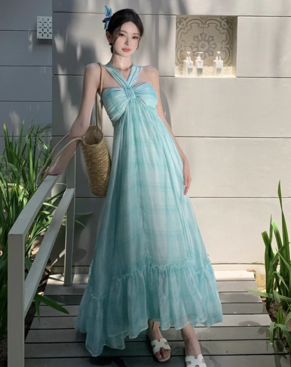 Simple Fashion Mint Green Ruffled Hem Design A-line Beach Holiday Halter Dress, DP5930