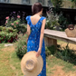 New Fashion Navy Blue Floral Design Elegant Beach Holiday A-line Sleeveless Women Dress, DP5933