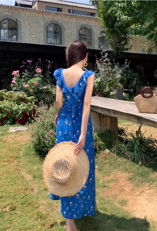 New Fashion Navy Blue Floral Design Elegant Beach Holiday A-line Sleeveless Women Dress, DP5933