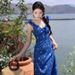 New Fashion Navy Blue Floral Design Elegant Beach Holiday A-line Sleeveless Women Dress, DP5933