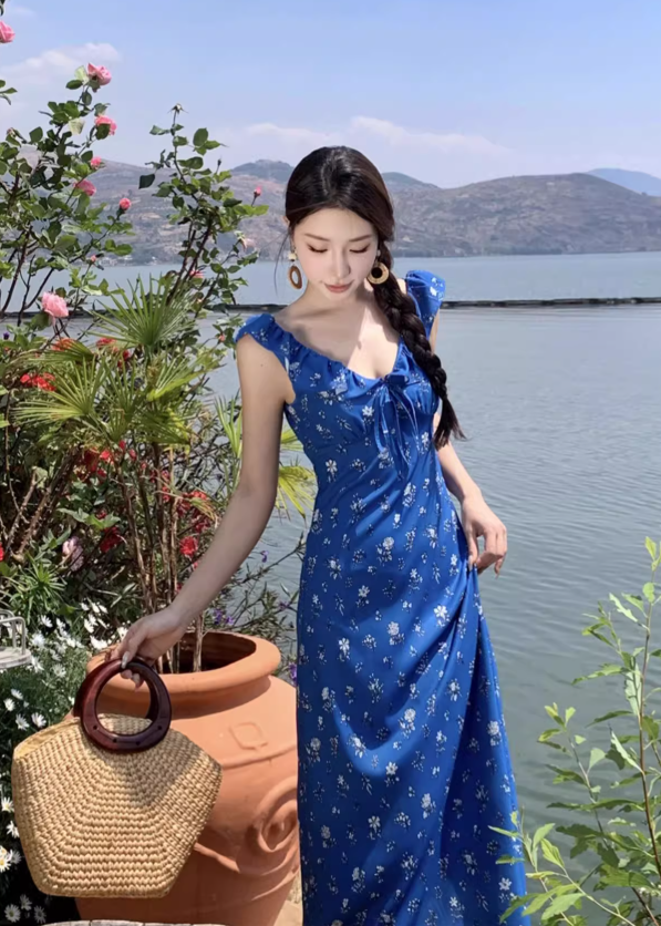 New Fashion Navy Blue Floral Design Elegant Beach Holiday A-line Sleeveless Women Dress, DP5933