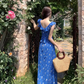 New Fashion Navy Blue Floral Design Elegant Beach Holiday A-line Sleeveless Women Dress, DP5933