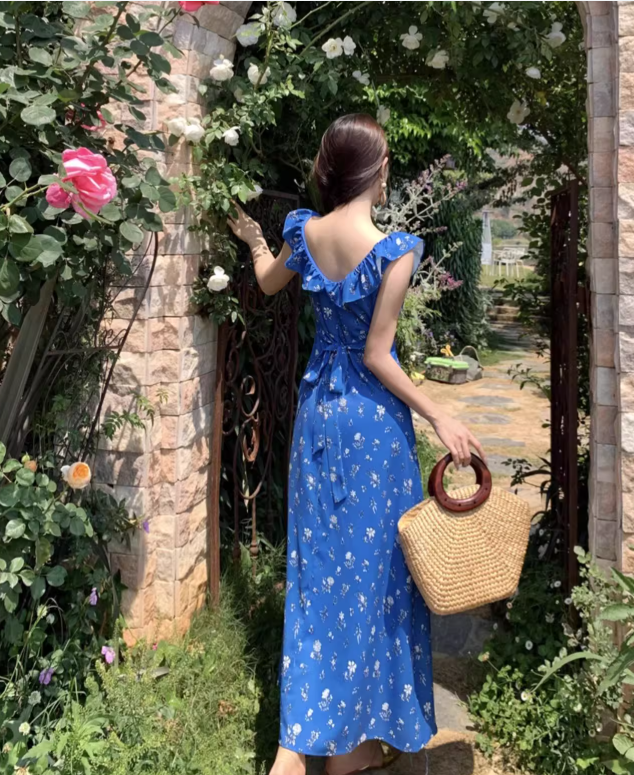 New Fashion Navy Blue Floral Design Elegant Beach Holiday A-line Sleeveless Women Dress, DP5933