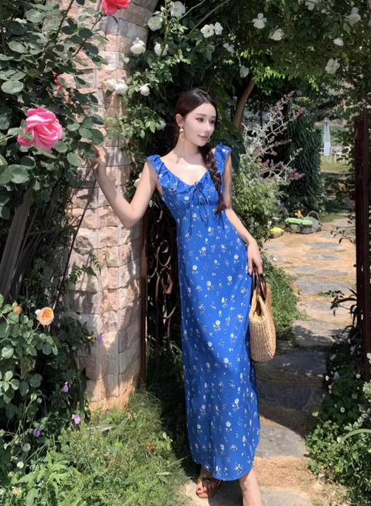 Neue Mode Marineblau Blumenmuster Elegante Strand Urlaub A-linie Ärmelloses Frauen Kleid, DP5933