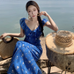 New Fashion Navy Blue Floral Design Elegant Beach Holiday A-line Sleeveless Women Dress, DP5933