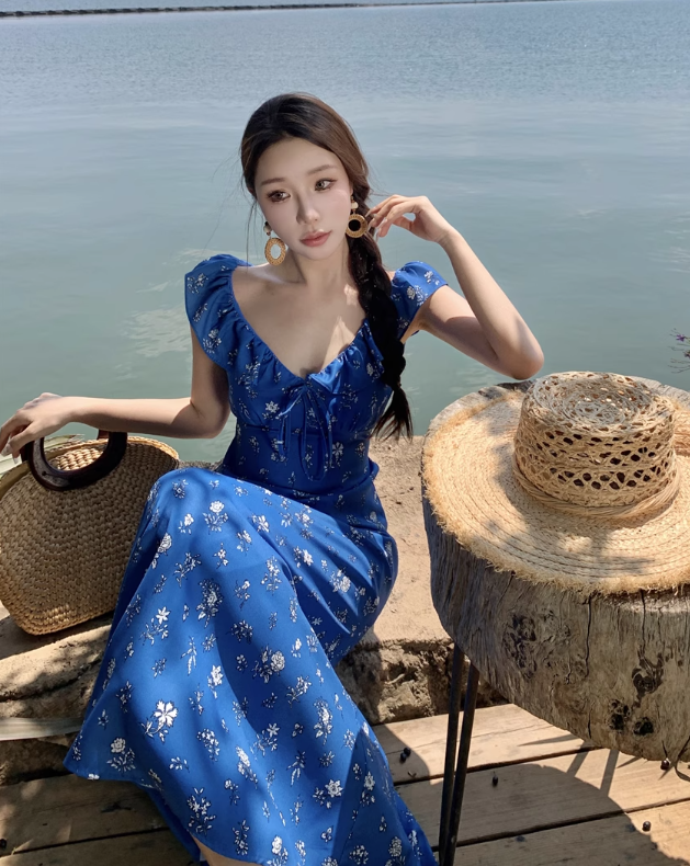 New Fashion Navy Blue Floral Design Elegant Beach Holiday A-line Sleeveless Women Dress, DP5933
