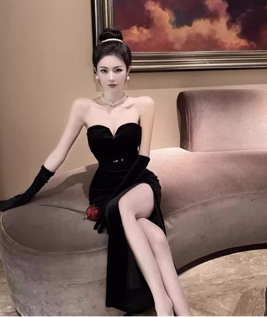 Elegantes, modisches, schwarzes, ärmelloses Ballkleid mit Schlitz, A-Linie, trägerlos, DP5935