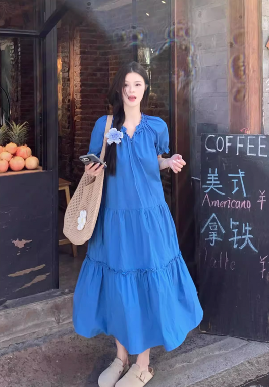 Simple Fashion Marineblaues, locker sitzendes A-Linien-Kurzarmkleid, DP5937