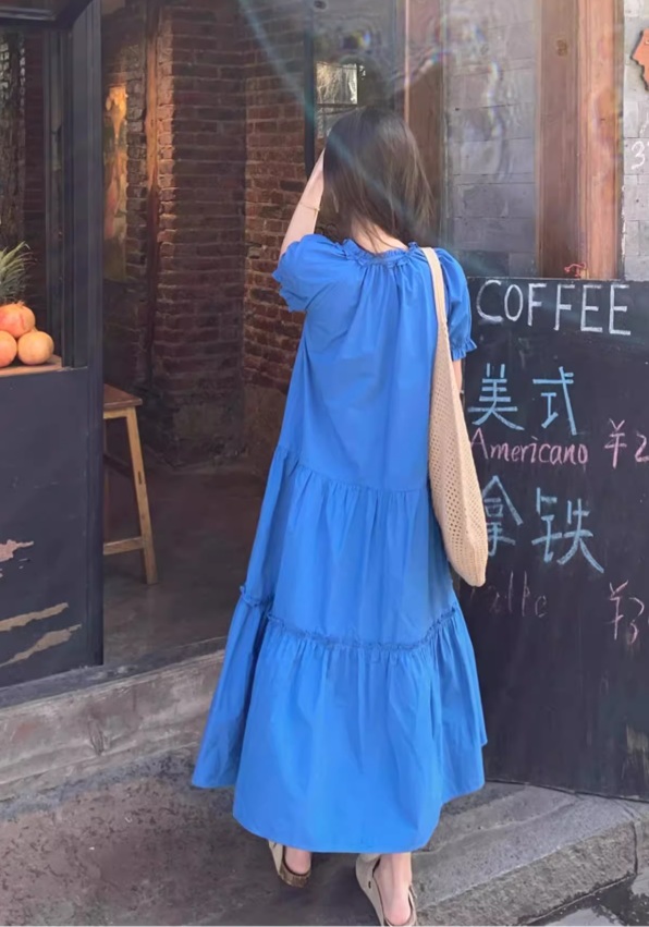 Simple Fashion Navy Blue Loose-fitting Design A-line Short-sleeved Dress, DP5937