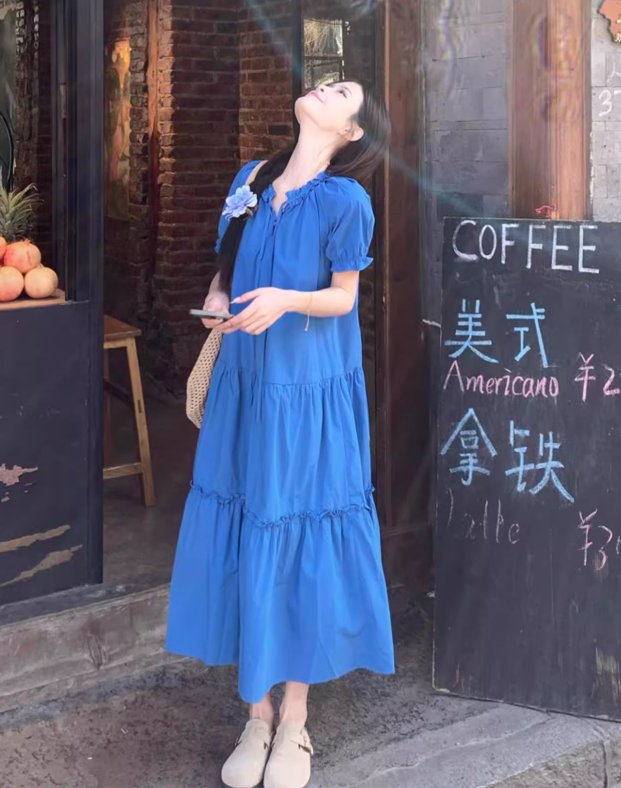 Simple Fashion Navy Blue Loose-fitting Design A-line Short-sleeved Dress, DP5937