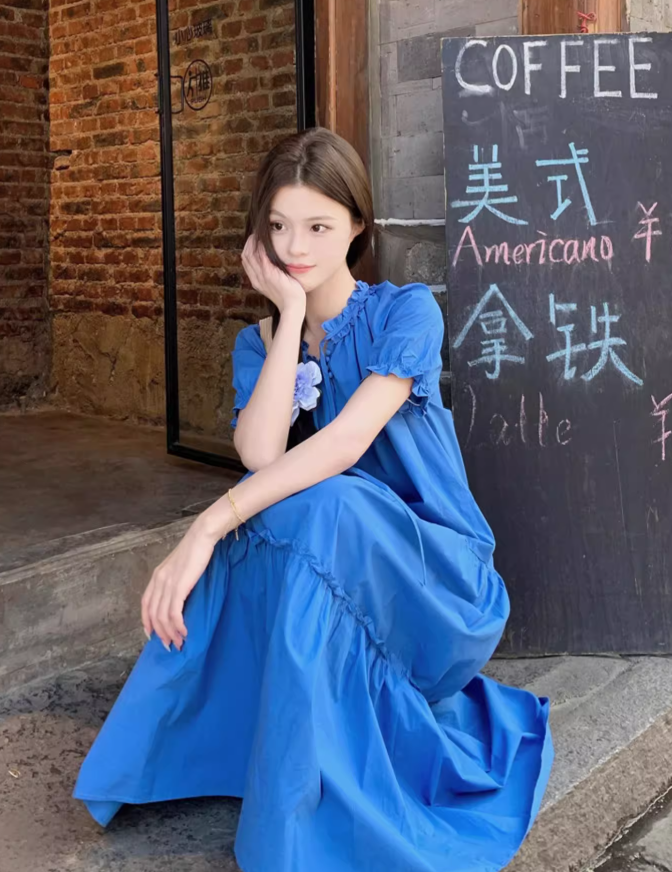 Simple Fashion Navy Blue Loose-fitting Design A-line Short-sleeved Dress, DP5937