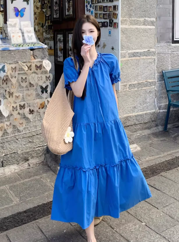 Simple Fashion Navy Blue Loose-fitting Design A-line Short-sleeved Dress, DP5937