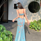 New Fashion Blue Mermaid Floral Design A-line Spaghetti Strap Dress, DP5938