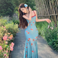 New Fashion Blue Mermaid Floral Design A-line Spaghetti Strap Dress, DP5938