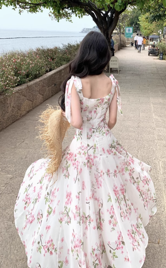 Simple Fashion Pink Floral Design A-line Beach Holiday Spaghetti Strap Dress, DP5939