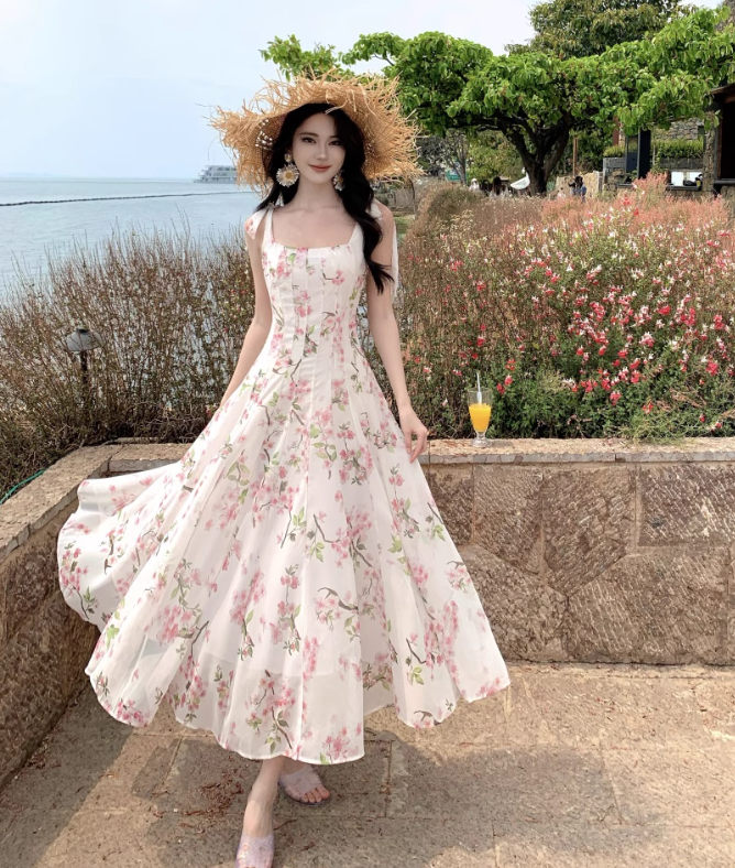 Simple Fashion Pink Floral Design A-line Beach Holiday Spaghetti Strap Dress, DP5939