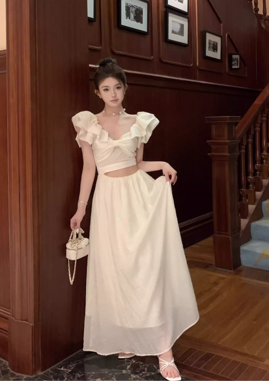 Süßes Apricot-Damenkleid mit V-Ausschnitt und freiliegender Taille, A-Linie, süße Ärmel, DP5942