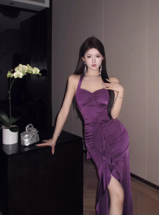 Vintage Purple Sweetheart Pleated Design Prom Dress A-line Halter Dress, DP5944