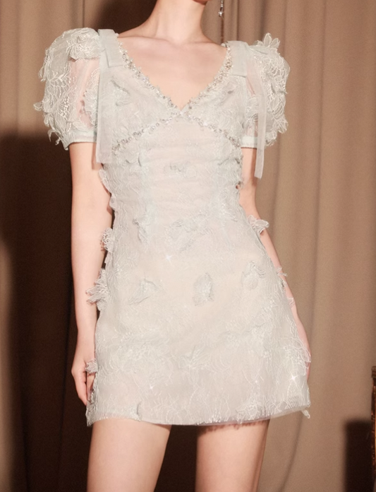 Chic Light-Blue Short-sleeved A-line Appliqued V-neck Party Dresses Homecoming Dresses, DP5798