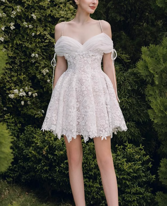 Vintage White Spaghetti Strap Appliqued A-line Party Dresses Homecoming Dresses, DP5801