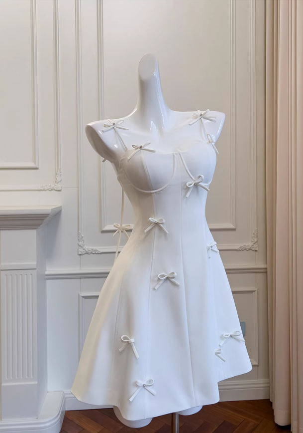 New Fashion White Bow Design A-line Spaghetti Strap Party Dresses Homecoming Dresses, DP5814
