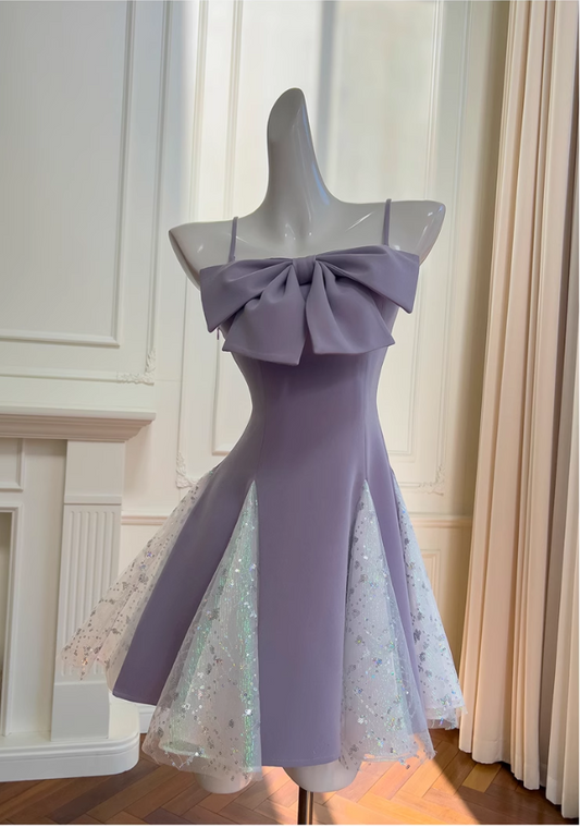 New Fashion Purple Bow Sequin Design A-line Spaghetti Strap Party Dresses Homecoming Dresses, DP5815
