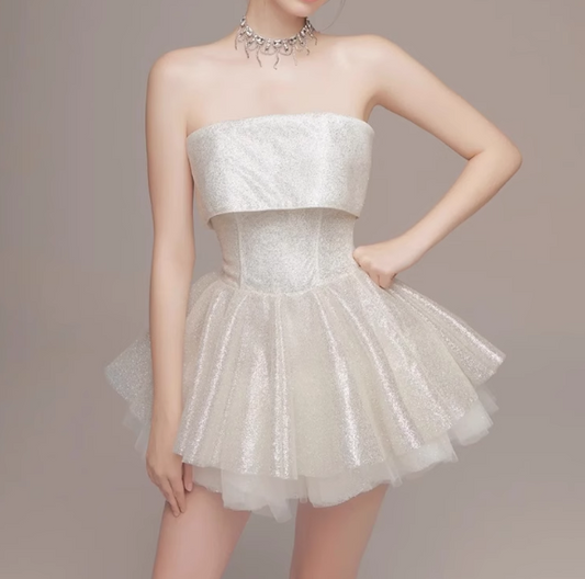 Cute Beige Sequin Ruffled Hem Design A-line Satin Strapless Party Dress Homecoming Dress, DP5843