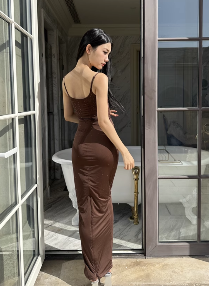 Fashion Brown Beading Spaghetti Strap Design A-line Mermaid Women Dress, DP5889