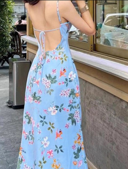 Vintage Blue Floral V-neck Spaghetti Strap Design A-line Party Dress, DP5907