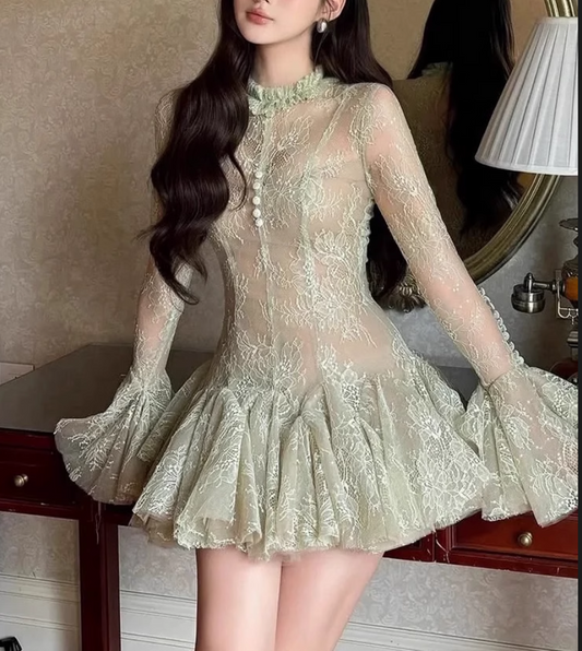 Retro Grün Applikationen Design Tüll A-Linie Langarm Partykleid Homecoming Kleider, DP5965