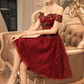 Vintage Burgundy Floral Applique Off-the-shoulder Design A-line Tulle Party Dress Homecoming Dress DP6079